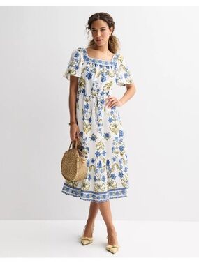 Draper James Squareneck Flutter Sleeves White  Blue Floral Midi Dress Size Large